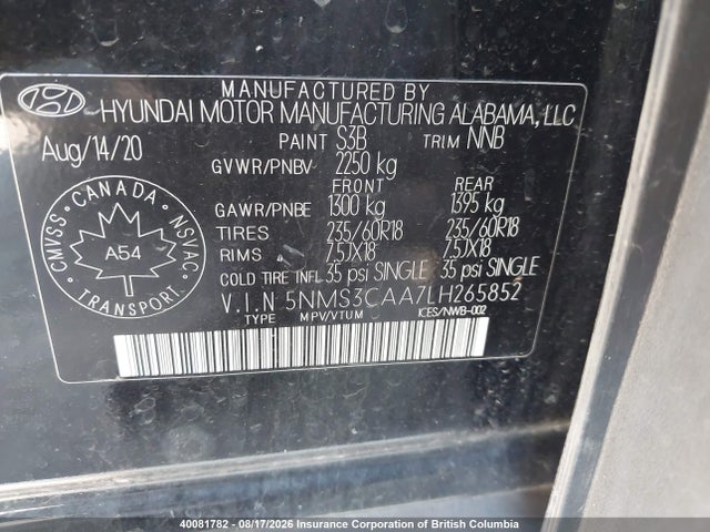 40081782 :رقم المزاد ، 5NMS3CAA7LH265852 vin ، 2020 Hyundai Santa Fe Sel/sel Plus مزاد بيع