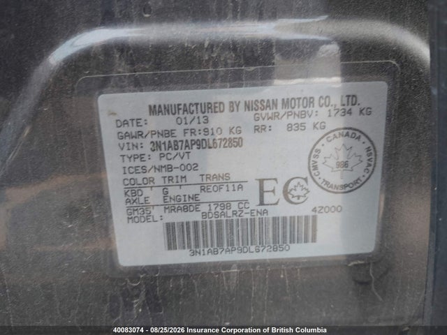 Продаж на аукціоні авто 2013 Nissan Sentra 1.8 S/1.8 Sv, vin: 3N1AB7AP9DL672850, номер лоту: 40083074