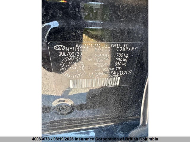 40083078 :رقم المزاد ، KMHD84LF4LU110107 vin ، 2020 Hyundai Elantra Luxury مزاد بيع
