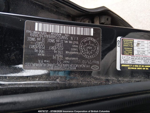 Aukcja sprzedaży 2010 Hyundai Santa Fe Gls, vin: 5NMSG3AB9AH393889, numer aukcji: 40076727