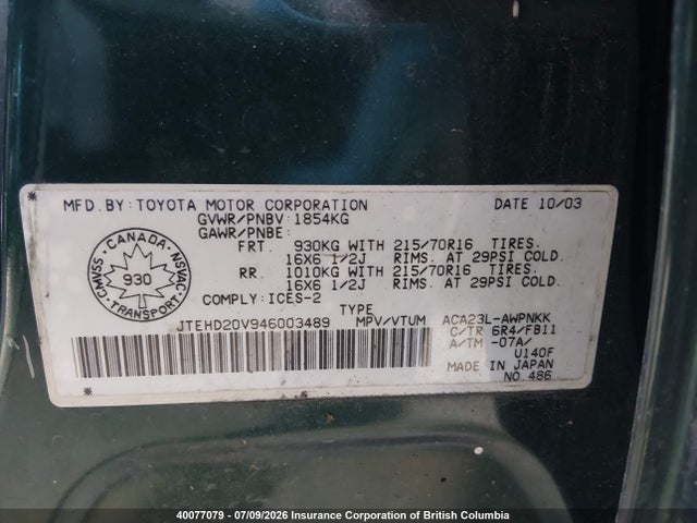 Aukcja sprzedaży 2004 Toyota Rav4, vin: JTEHD20V946003489, numer aukcji: 40077079