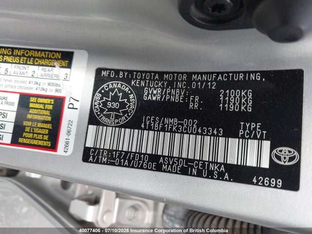 Продажа на аукционе авто 2012 Toyota Camry Se/le/xle, vin: 4T1BF1FK3CU043343, номер лота: 40077406