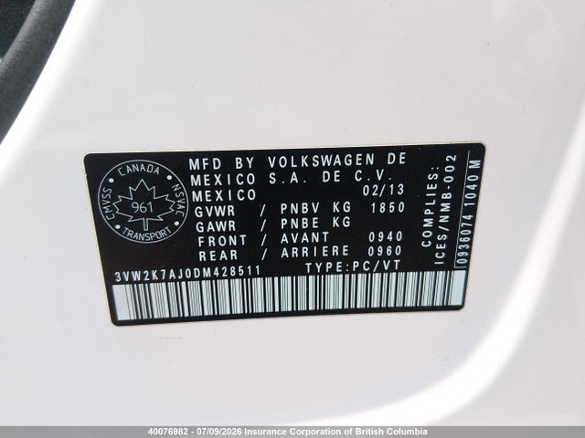 Продажа на аукционе авто 2013 Volkswagen Jetta S, vin: 3VW2K7AJ0DM428511, номер лота: 40076982