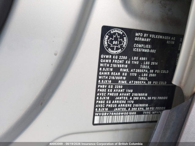 Auction sale of the 2009 Volkswagen Tiguan Se/sel, vin: WVGBV75N09W001565, lot number: 40083089