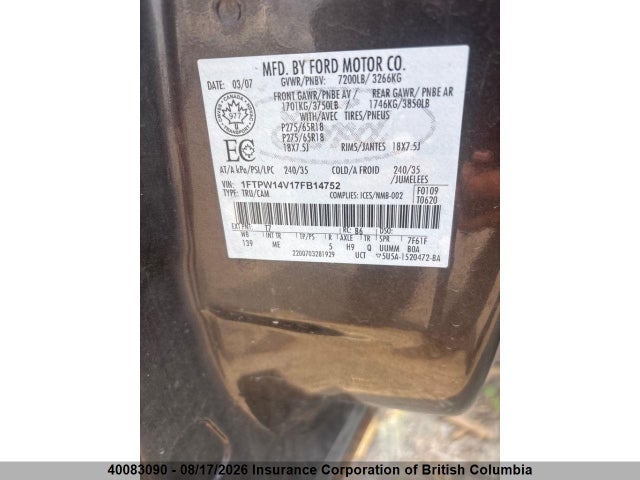 Aukcja sprzedaży 2007 Ford F150, vin: 1FTPW14V17FB14752, numer aukcji: 40083090