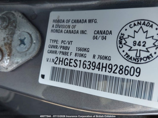 40077544 :رقم المزاد ، 2HGES16394H928609 vin ، 2004 Honda Civic Dx Vp مزاد بيع