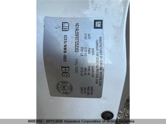 40083092 :رقم المزاد ، 1G1AL55F077252363 vin ، 2007 Chevrolet Cobalt Lt مزاد بيع