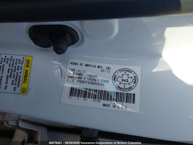 Продаж на аукціоні авто 2013 Honda Accord Touring, vin: 1HGCR2F92DA809506, номер лоту: 40078441
