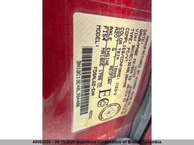 40083100 :رقم المزاد ، 3N1BC13E48L394486 vin ، 2008 Nissan Versa مزاد بيع