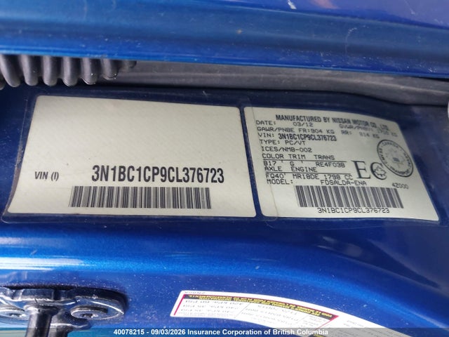 Aukcja sprzedaży 2012 Nissan Versa S/sl, vin: 3N1BC1CP9CL376723, numer aukcji: 40078215