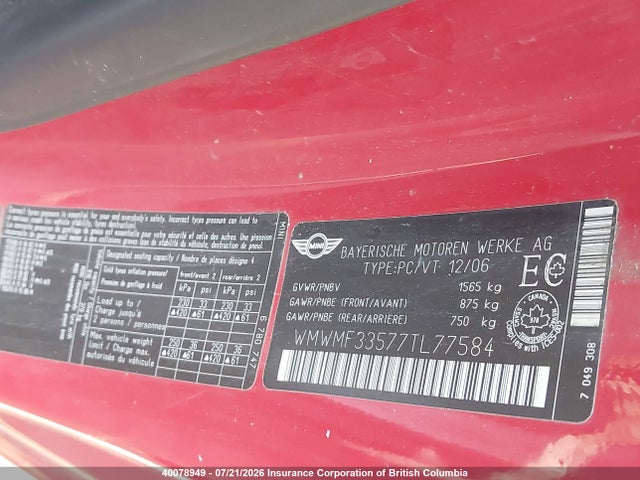 40078949 :رقم المزاد ، WMWMF33577TL77584 vin ، 2007 Mini Cooper مزاد بيع