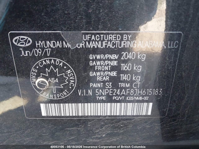 40083106 :رقم المزاد ، 5NPE24AF8JH615183 vin ، 2018 Hyundai Sonata Gl مزاد بيع