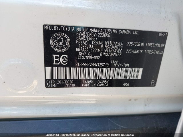 40083113 :رقم المزاد ، 2T3RWRFV5MW125719 vin ، 2021 Toyota Rav4 مزاد بيع
