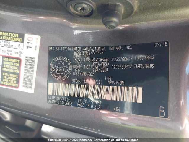40081660 :رقم المزاد ، 5TDKK3DC0GS711021 vin ، 2016 Toyota Sienna Le مزاد بيع