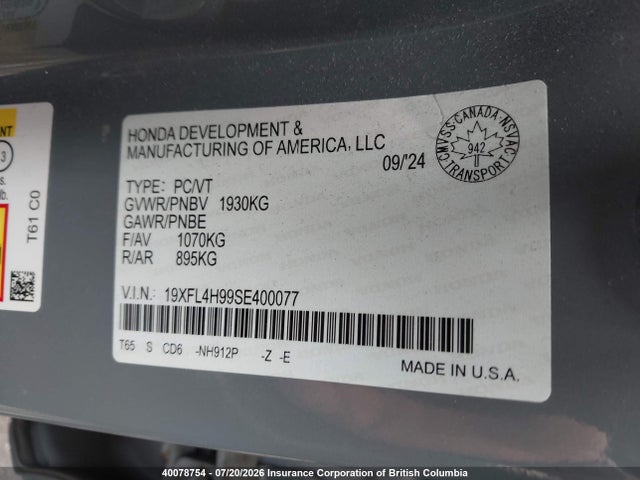19XFL4H99SE400077 Honda Civic Sport Touring