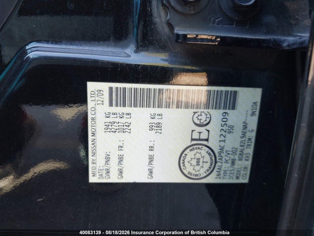 40083139 :رقم المزاد ، 1N4AL2AP9AC122509 vin ، 2010 Nissan Altima S مزاد بيع