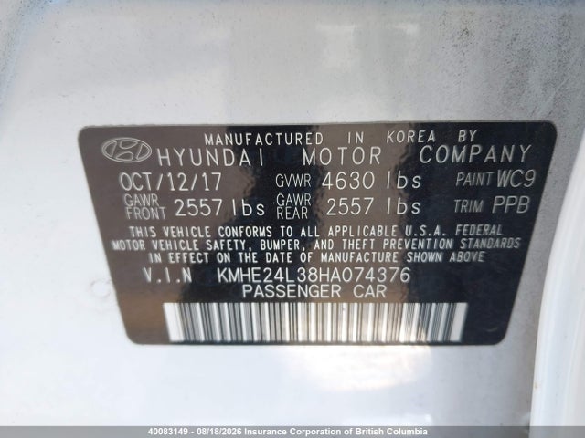 Aukcja sprzedaży 2017 Hyundai Sonata Hybrid/se, vin: KMHE24L38HA074376, numer aukcji: 40083149