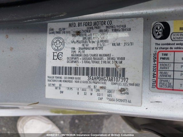 40083151 :رقم المزاد ، 3FAHP0HG7AR107392 vin ، 2010 Ford Fusion Se مزاد بيع