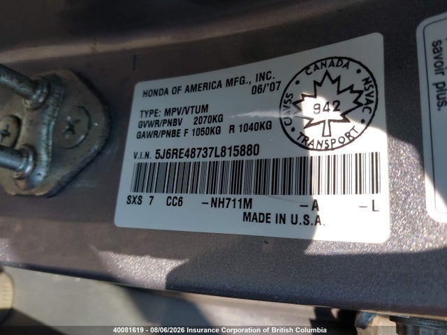 Продаж на аукціоні авто 2007 Honda Cr-v Exl, vin: 5J6RE48737L815880, номер лоту: 40081619