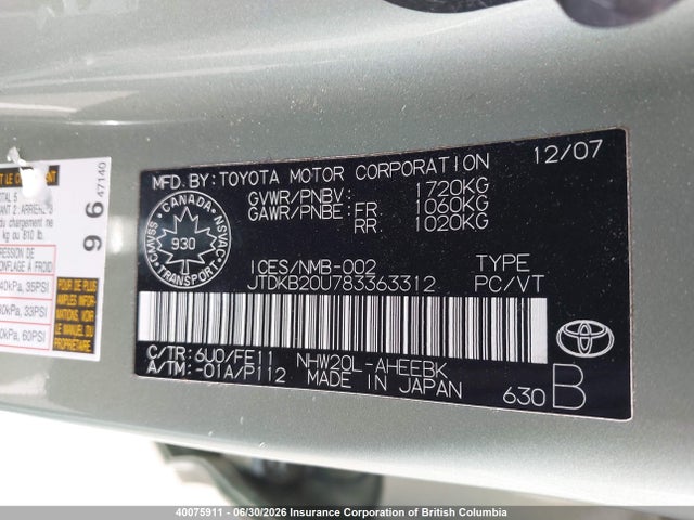 Продажа на аукционе авто 2008 Toyota Prius, vin: JTDKB20U783363312, номер лота: 40075911