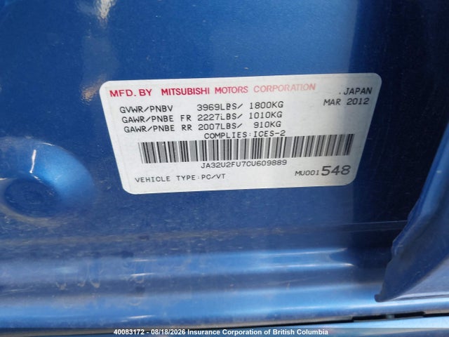 Aukcja sprzedaży 2012 Mitsubishi Lancer Es/es Sport, vin: JA32U2FU7CU609889, numer aukcji: 40083172