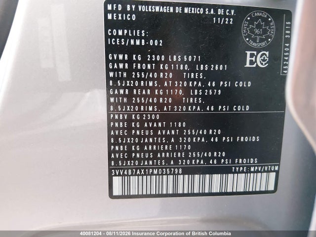 Продаж на аукціоні авто 2023 Volkswagen Tiguan Sel R-line Black, vin: 3VV4B7AX1PM035798, номер лоту: 40081204