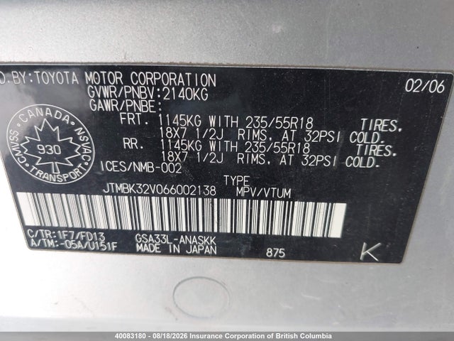 Aukcja sprzedaży 2006 Toyota Rav4, vin: JTMBK32V066002138, numer aukcji: 40083180