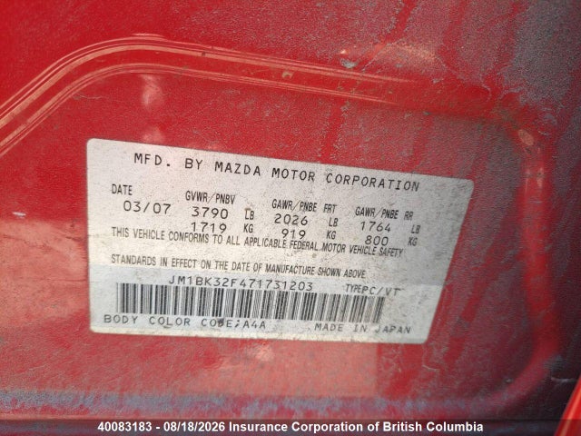 2007 Mazda Mazda3 Gs/gx მანქანა იყიდება აუქციონზე, vin: JM1BK32F471731203, აუქციონის ნომერი: 40083183