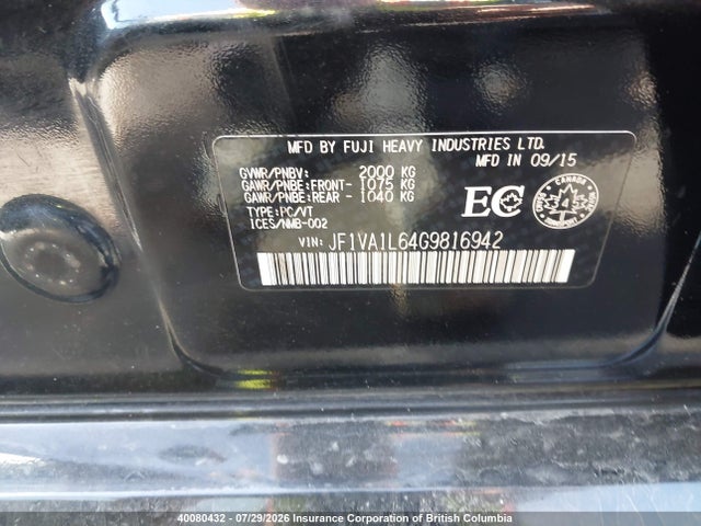 Продаж на аукціоні авто 2016 Subaru Wrx Limited, vin: JF1VA1L64G9816942, номер лоту: 40080432