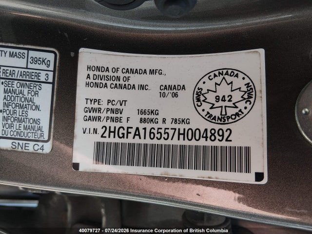 Aukcja sprzedaży 2007 Honda Civic Lx, vin: 2HGFA16557H004892, numer aukcji: 40079727
