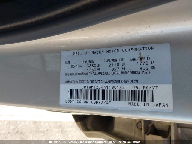40079177 :رقم المزاد ، JM1BK123441190143 vin ، 2004 Mazda 3 S مزاد بيع