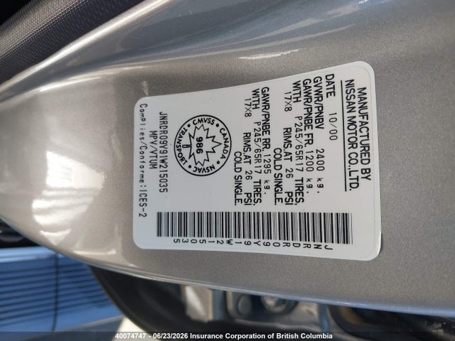 40074747 :رقم المزاد ، JNRDR09Y91W215035 vin ، 2001 Infiniti Qx4 مزاد بيع