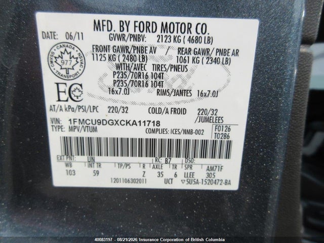 Продажа на аукционе авто 2012 Ford Escape Xlt, vin: 1FMCU9DGXCKA11718, номер лота: 40083197