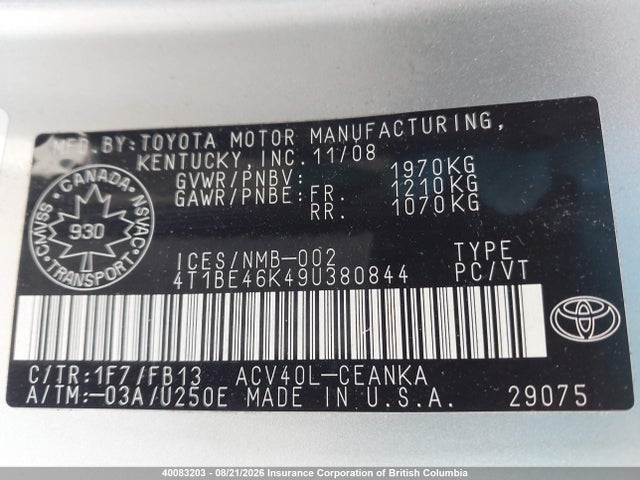 Продажа на аукционе авто 2009 Toyota Camry, vin: 4T1BE46K49U380844, номер лота: 40083203