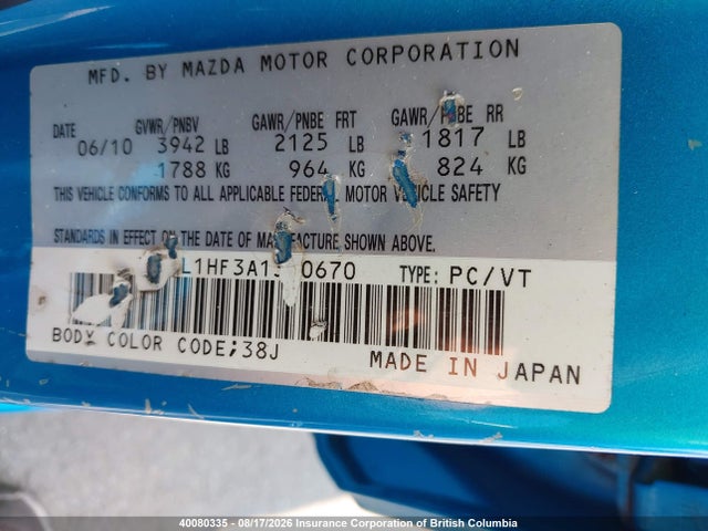 Aukcja sprzedaży 2010 Mazda 3 I, vin: JM1BL1HF3A1350670, numer aukcji: 40080335