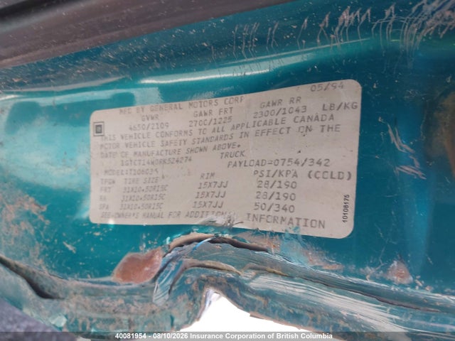 40081954 :رقم المزاد ، 1GTCT14W0RK524274 vin ، 1994 Gmc Sonoma مزاد بيع