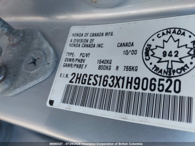 2001 Honda Civic Dx მანქანა იყიდება აუქციონზე, vin: 2HGES163X1H906520, აუქციონის ნომერი: 40080327