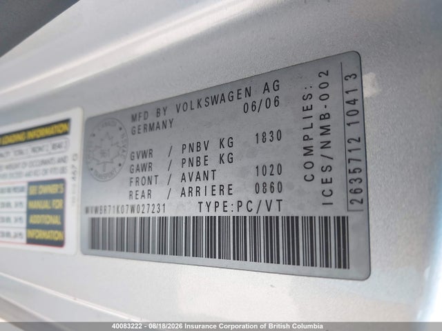 40083222 :رقم المزاد ، WVWBR71K07W027231 vin ، 2007 Volkswagen Rabbit مزاد بيع