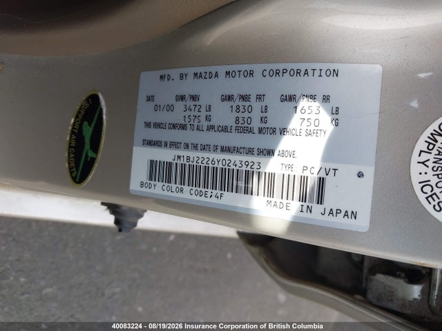 Продаж на аукціоні авто 2000 Mazda Protege Dx/lx/se, vin: JM1BJ2226Y0243923, номер лоту: 40083224