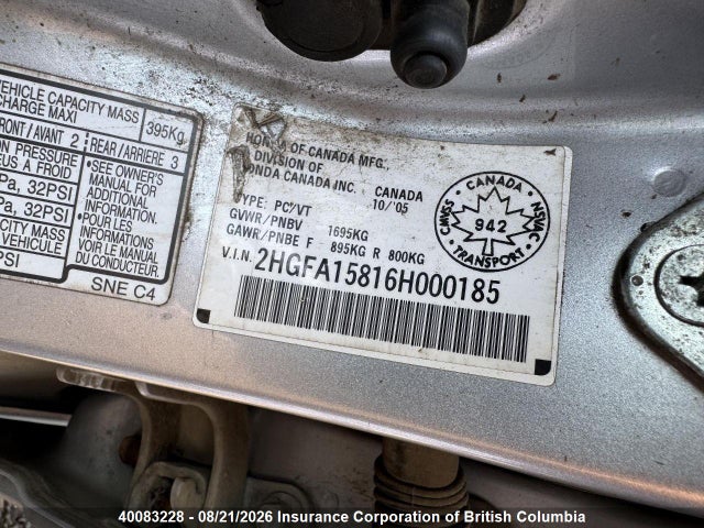 40083228 :رقم المزاد ، 2HGFA15816H000185 vin ، 2006 Honda Civic مزاد بيع