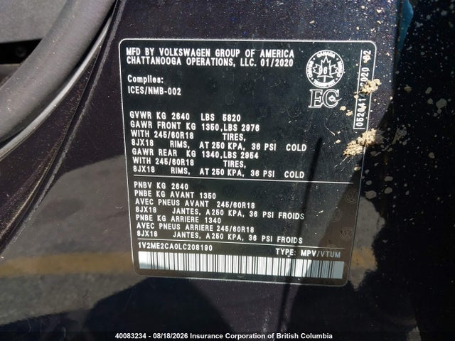 2020 Volkswagen Atlas მანქანა იყიდება აუქციონზე, vin: 1V2ME2CA0LC208190, აუქციონის ნომერი: 40083234