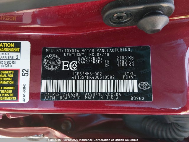2018 Toyota Camry Hybrid/le/xle/se მანქანა იყიდება აუქციონზე, vin: 4T1B21HK4JU510582, აუქციონის ნომერი: 40082316