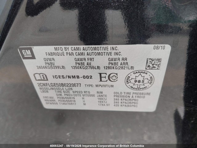 40083247 :رقم المزاد ، 2CNFLGE50B6220677 vin ، 2011 Chevrolet Equinox Ltz مزاد بيع