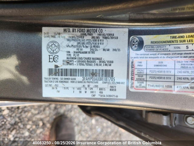 Продажа на аукционе авто 2011 Ford Fusion Sel, vin: 3FAHP0JAXBR181705, номер лота: 40083250