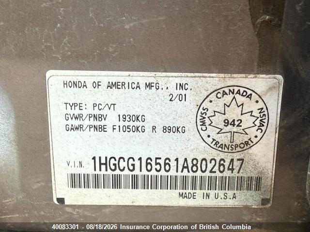 Aukcja sprzedaży 2001 Honda Accord Ex, vin: 1HGCG16561A802647, numer aukcji: 40083301