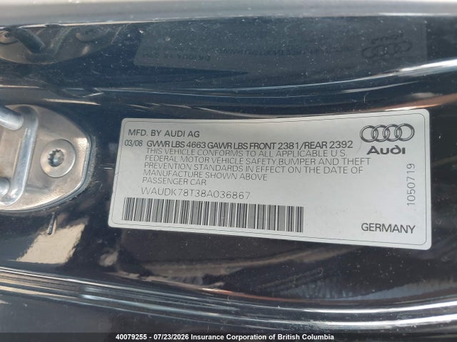 Продажа на аукционе авто 2008 Audi A5 Quattro, vin: WAUDK78T38A036867, номер лота: 40079255