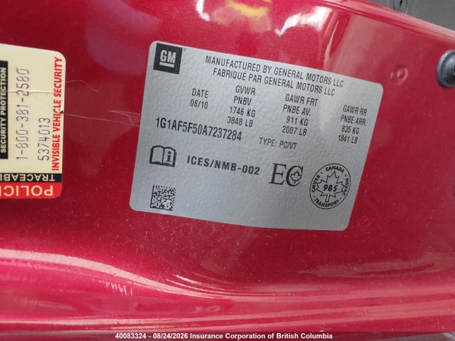Продаж на аукціоні авто 2010 Chevrolet Cobalt 2lt, vin: 1G1AF5F50A7237284, номер лоту: 40083324