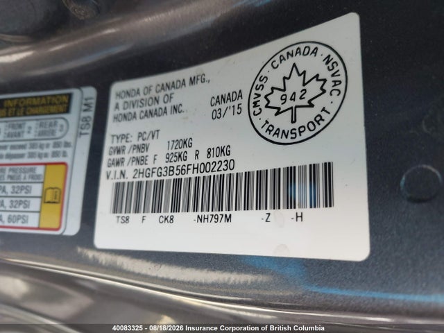 Aukcja sprzedaży 2015 Honda Civic, vin: 2HGFG3B56FH002230, numer aukcji: 40083325
