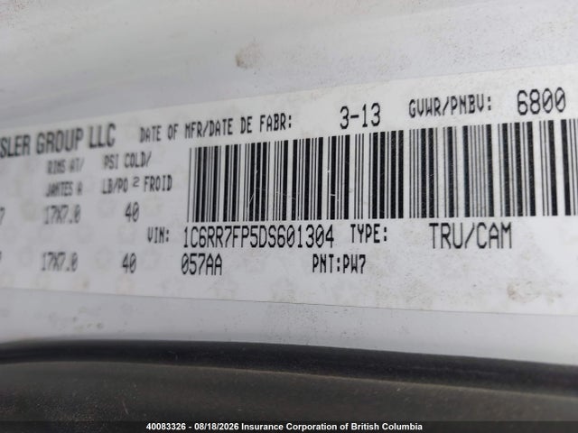 40083326 :رقم المزاد ، 1C6RR7FP5DS601304 vin ، 2013 Ram 1500 St مزاد بيع