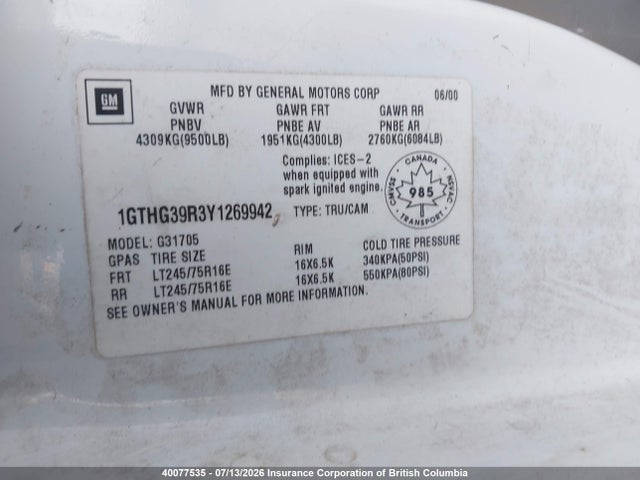 Aukcja sprzedaży 2000 Gmc Savana G3500, vin: 1GTHG39R3Y1269942, numer aukcji: 40077535